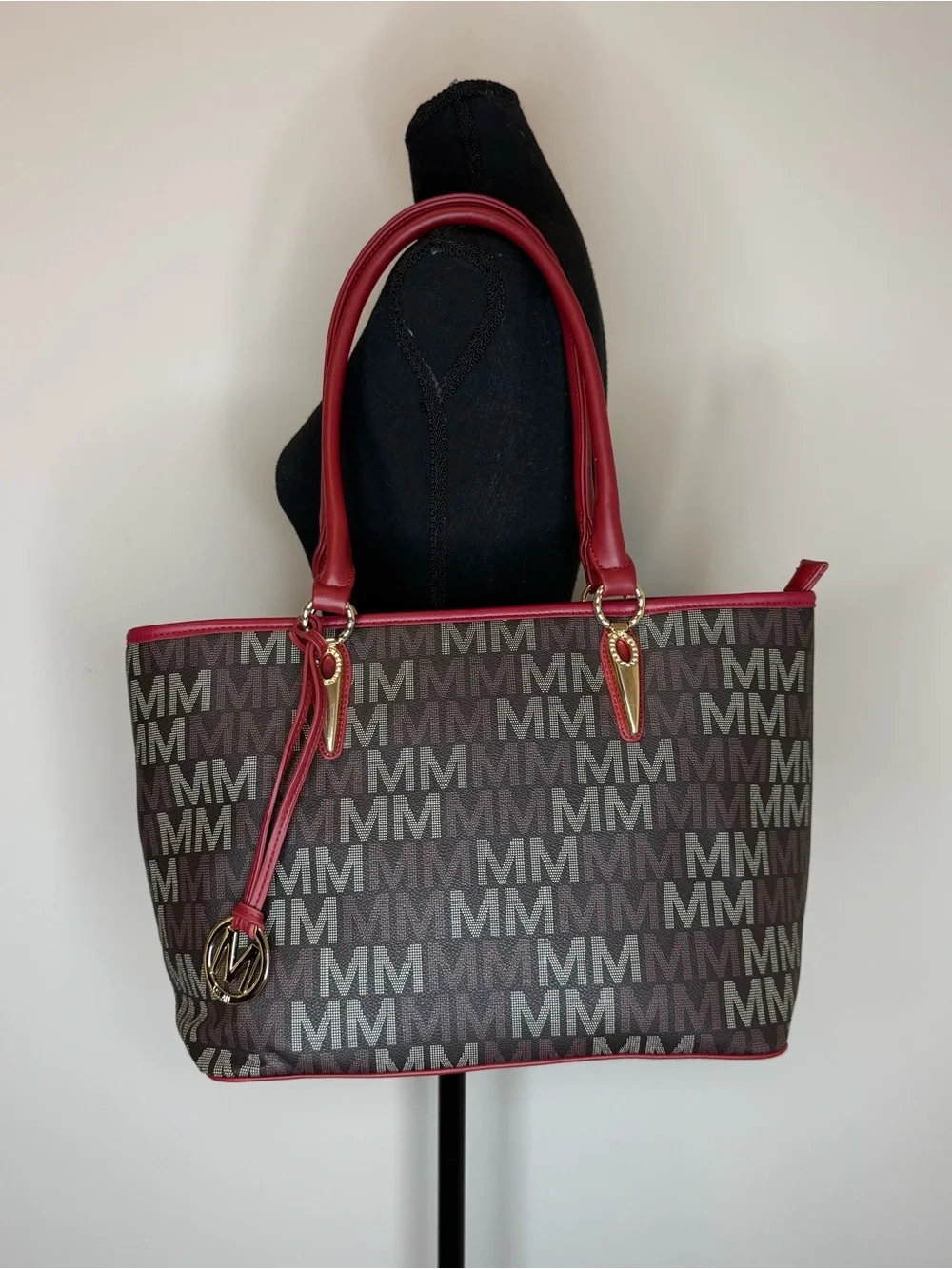 Monogram Tote with Burgundy Trim and Gold Accent